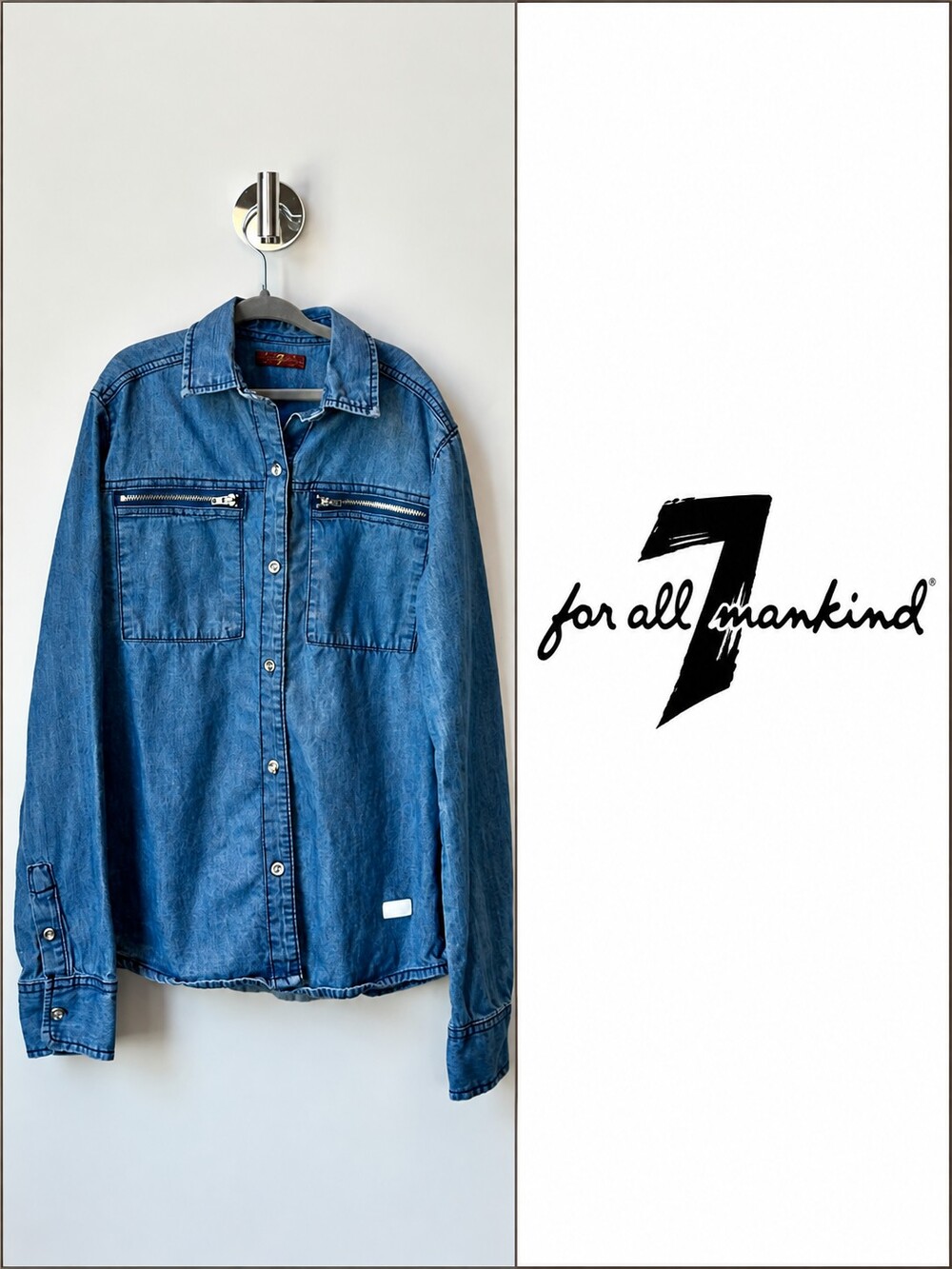 7 For All Mankind Kids Denim Button Down Shirt Blue Zip Pockets Size L